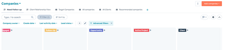 HubSpot companies view showing clear lifecycle stages for CRM data hygiene
